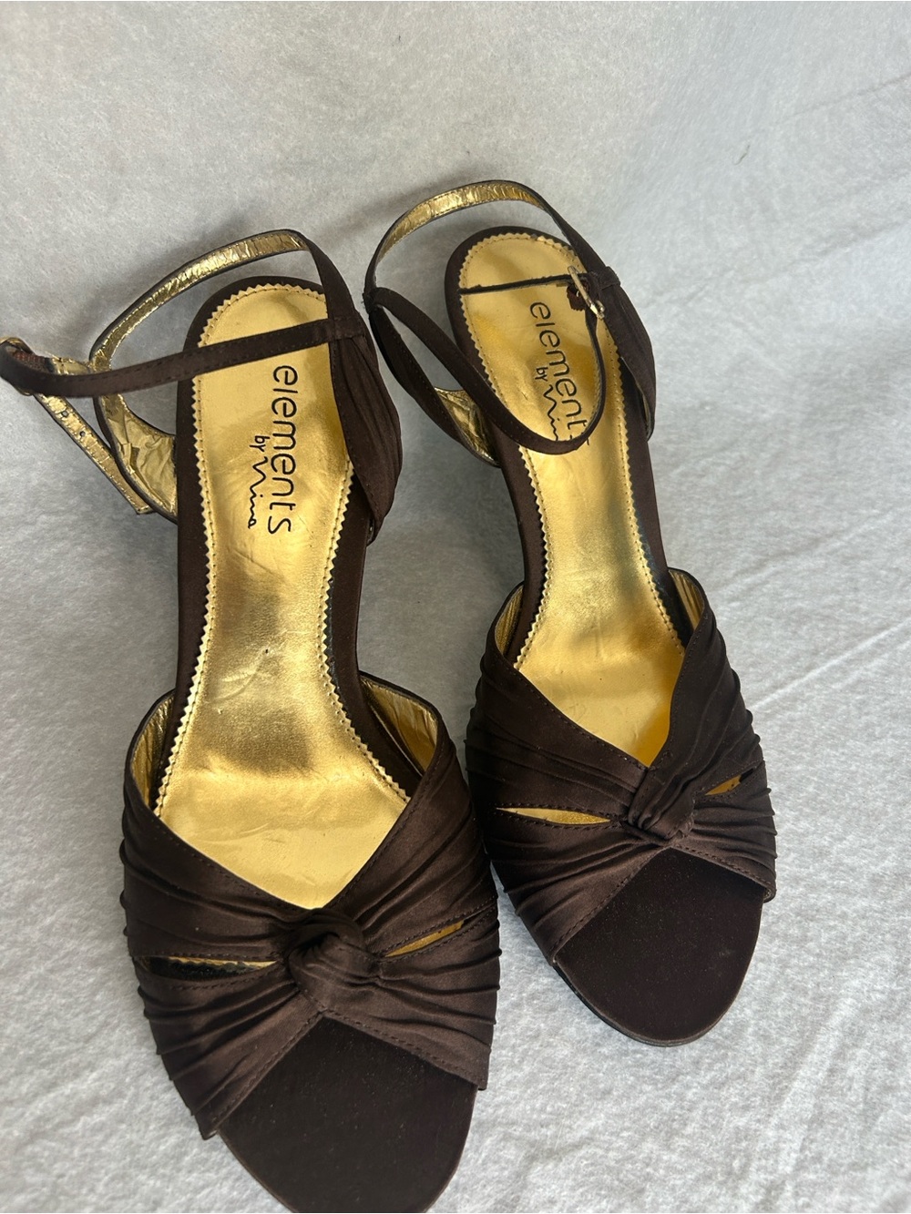 Elements by Nina Dark Brown Satin Knotted Peep-Toe Ankle-Strap Heels